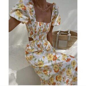 Faithfull the Brand Cotton Summer Floral Elastic Cutout Cottagecore Dress Size M